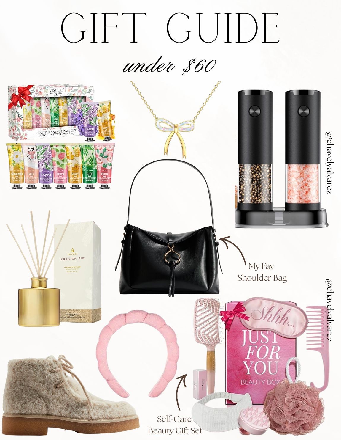 GIFT GUIDE: Self-Care, Style, & Home Essentials! 🎁

Embrace the season of giving with this perfectly curated collection of gifts under $60! ✨

We are obsessed with these thoughtful finds: from the ultimate self-care beauty gift set and a floral-scented hand cream variety pack to a sleek electric salt and pepper grinder set for the home chef. Balance beauty and function with a chic black leather shoulder bag and a dainty gold bow pendant necklace. Finish your holiday shopping with cozy touches like a plush pink headband or a Frasier Fir fragrance diffuser to create the perfect winter ambiance!

#GiftGuide
#GiftsUnder60
#HolidayGifts
#SelfCareGift
#HomeEssentials
#StockingStuffers
#BeautyBox
#JewelryLover
#ShoulderBag
#HolidayShopping
#GiftIdeasForHer
#LTKStyle
#ChristmasGiftGuide
#AffordableLuxury
#GiftingInspo


#LTKFindsUnder100 #LTKFindsUnder50 #LTKGiftGuide