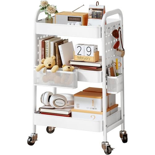 3 Tier Rolling Utility Cart - Metal White Cart Organizer with Wheels, Storage Cart with DIY Dual Pegboards, Removable Baskets Hooks | Amazon (US)