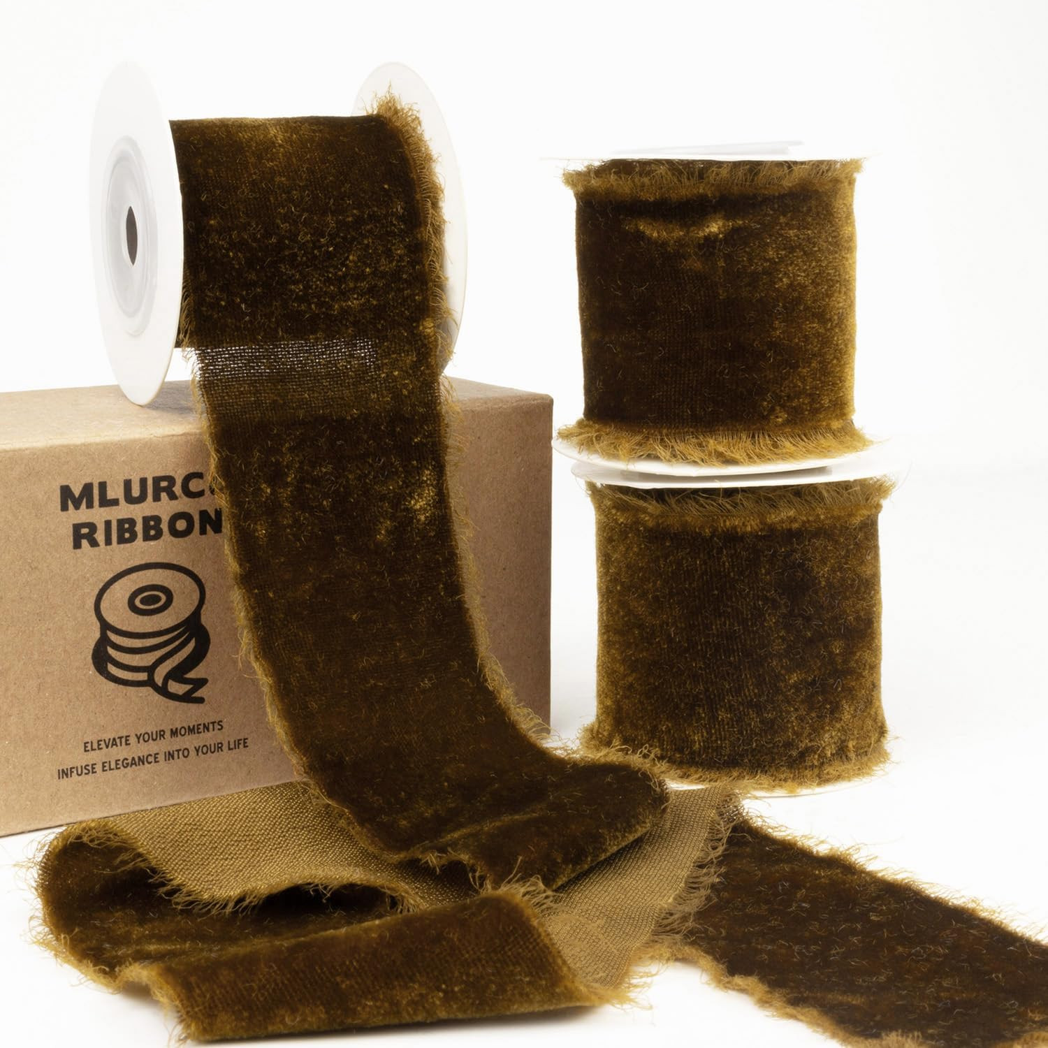 Brown Velvet Ribbon - 2 Inch Wide Thick Frayed Vintage Handmade Fringe Silk Velvet Ribbon for Christmas Tree, Gift Wrapping, Wedding Invitations, Bridal Flower Bouquet (Total 3 Yds) | Amazon (US)