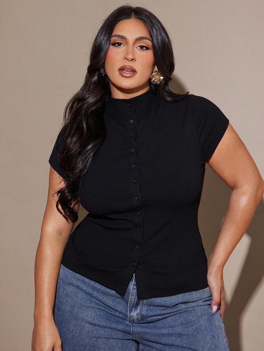 SHEIN BAE Plus Size Women Short Sleeve Mandarin Collar Button Front Fitted Top | SHEIN