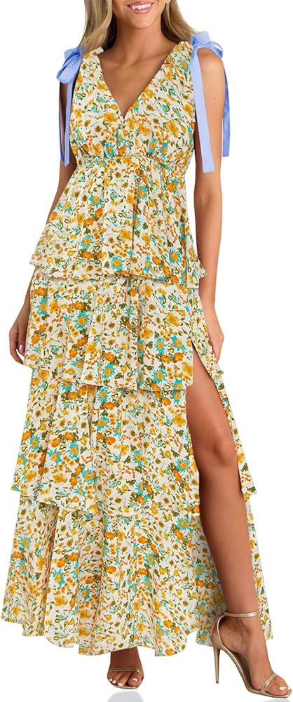 Wenrine Womens Summer Floral Maxi Dress Tie Strap Sleeveless V Neck High Slit Boho Ruffle Tiered ... | Amazon (US)