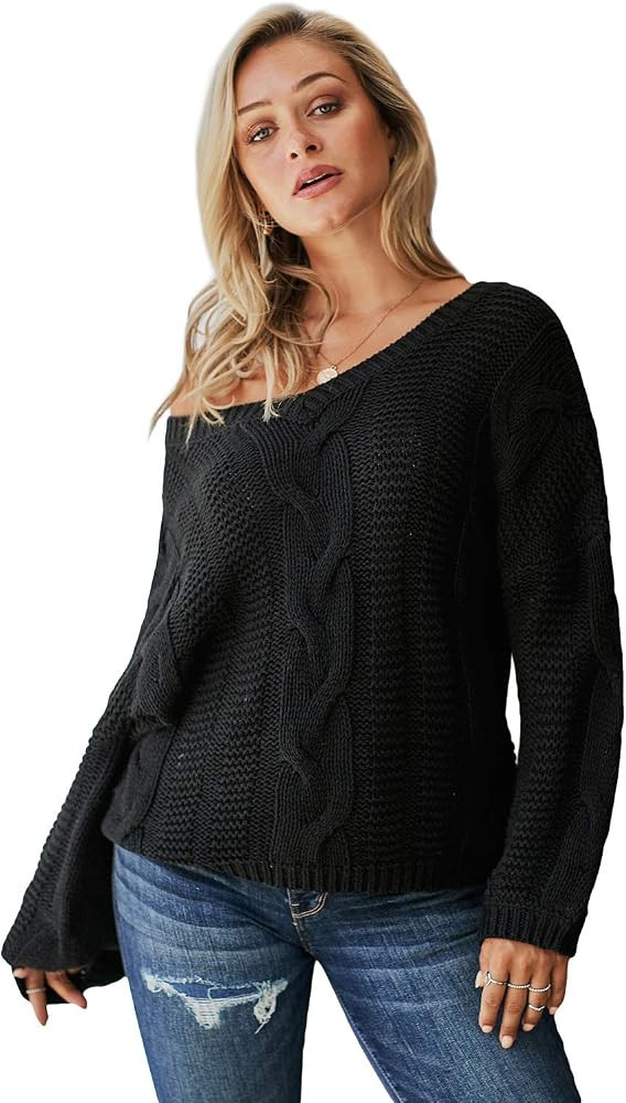 Women's Off Shoulder Long Sleeve V-Neck Chunky Cable Knit Pullover Sweaters Loose Jumper Tops | Amazon (US)