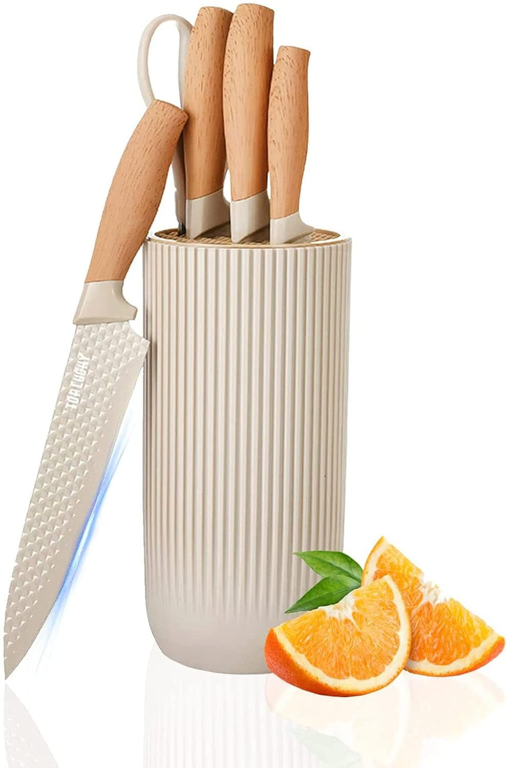 Khaki Cooking Knife Set - 6-Piece Star Grain Blade Set with Round Knife Storage, Sharp Stainless Steel Chef Knives and Scissors for Home Kitchen | Amazon (US)