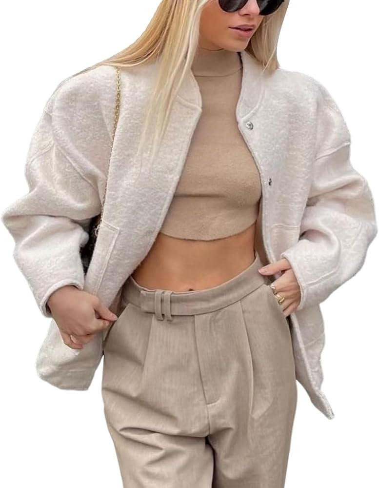 Gihuo Women's Oversized Wool Blend Jackets Button Down Casual Varsity Jacket with Pockets 2023 | Amazon (US)