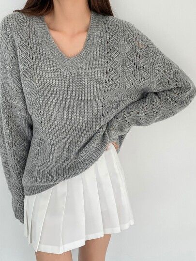 DAZY Pointelle Knit Drop Shoulder Sweater | SHEIN