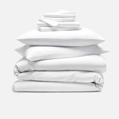 Brooklinen Luxe Sateen Hardcore Sheet Bundle size Cali King in Graphite and Steel Oxford Stripe | Brooklinen