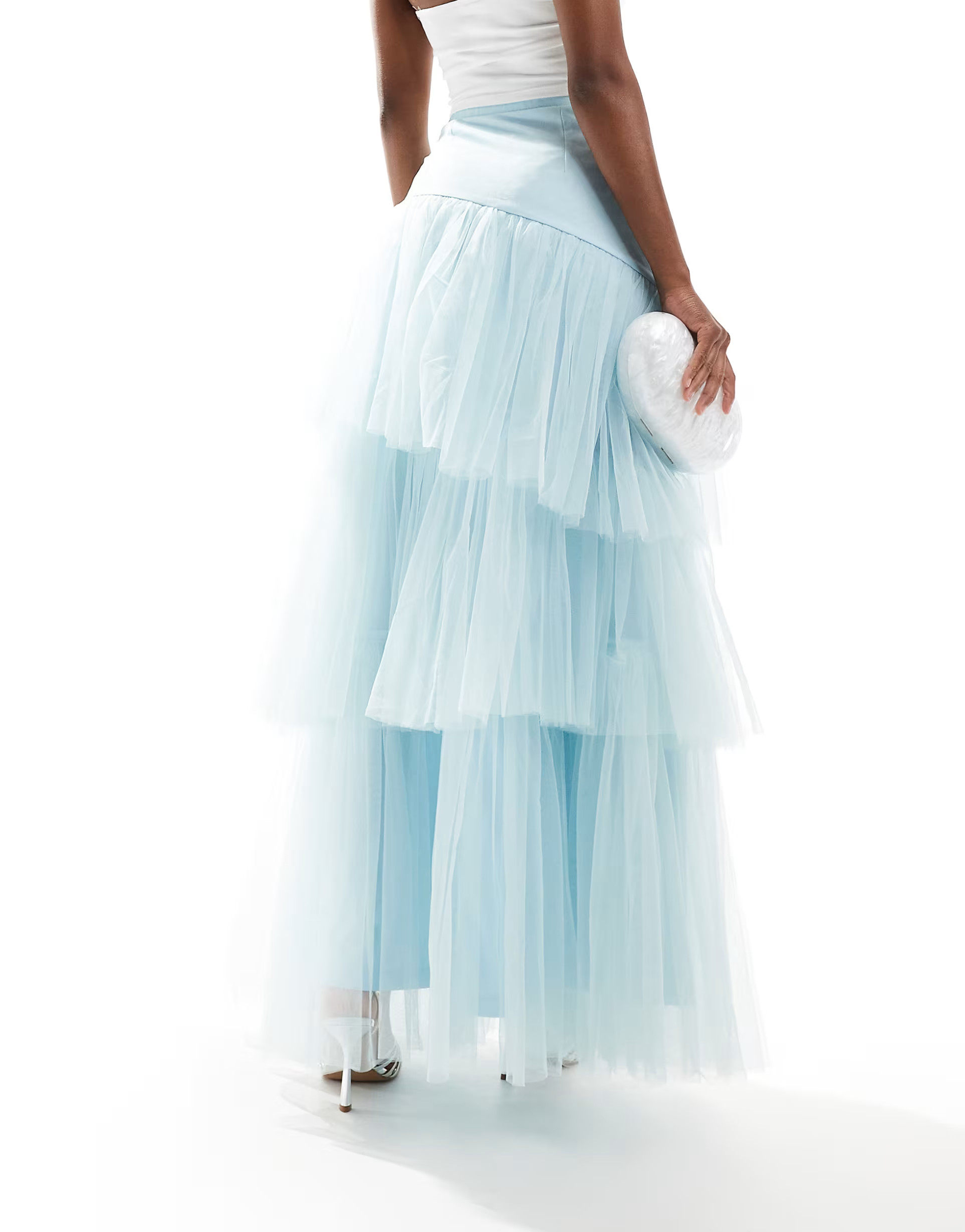 Lace & Beads asymmetric tulle maxi skirt in sky blue | ASOS (Global)