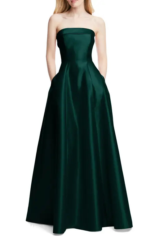 Alfred Sung Strapless Cuff Satin Gown in Evergreen at Nordstrom, Size 8 | Nordstrom