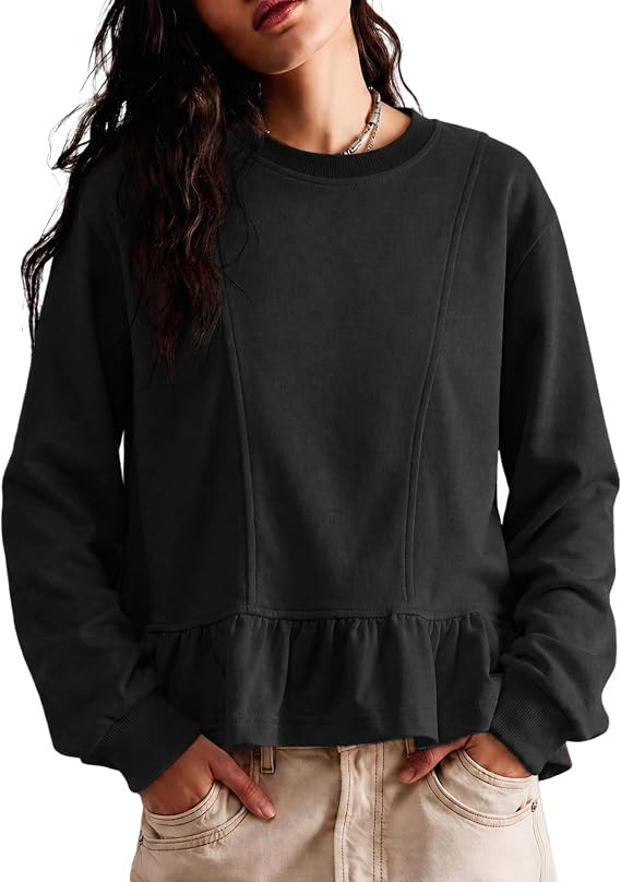 Watashi Women Ruffle Peplum Hem Cotton Pullover Sweatshirts | Amazon (US)