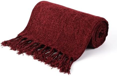BATTILO HOME Burgundy Chenille Throw Blanket, Decorative Red Knit Throw with Fringe, Lightweight ... | Amazon (US)