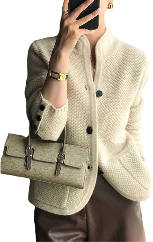 Autumn Winter Women Thickened Cashmere Cardigan Stand Neck Loose Knit Sweater | Amazon (US)