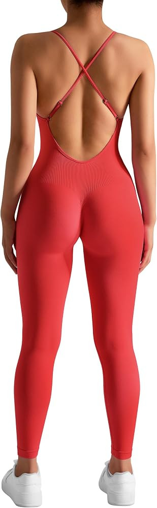 OMKAGI Women Strappy Backless One Piece Jumpsuits Seamless Tummy Control Workout Romper | Amazon (US)
