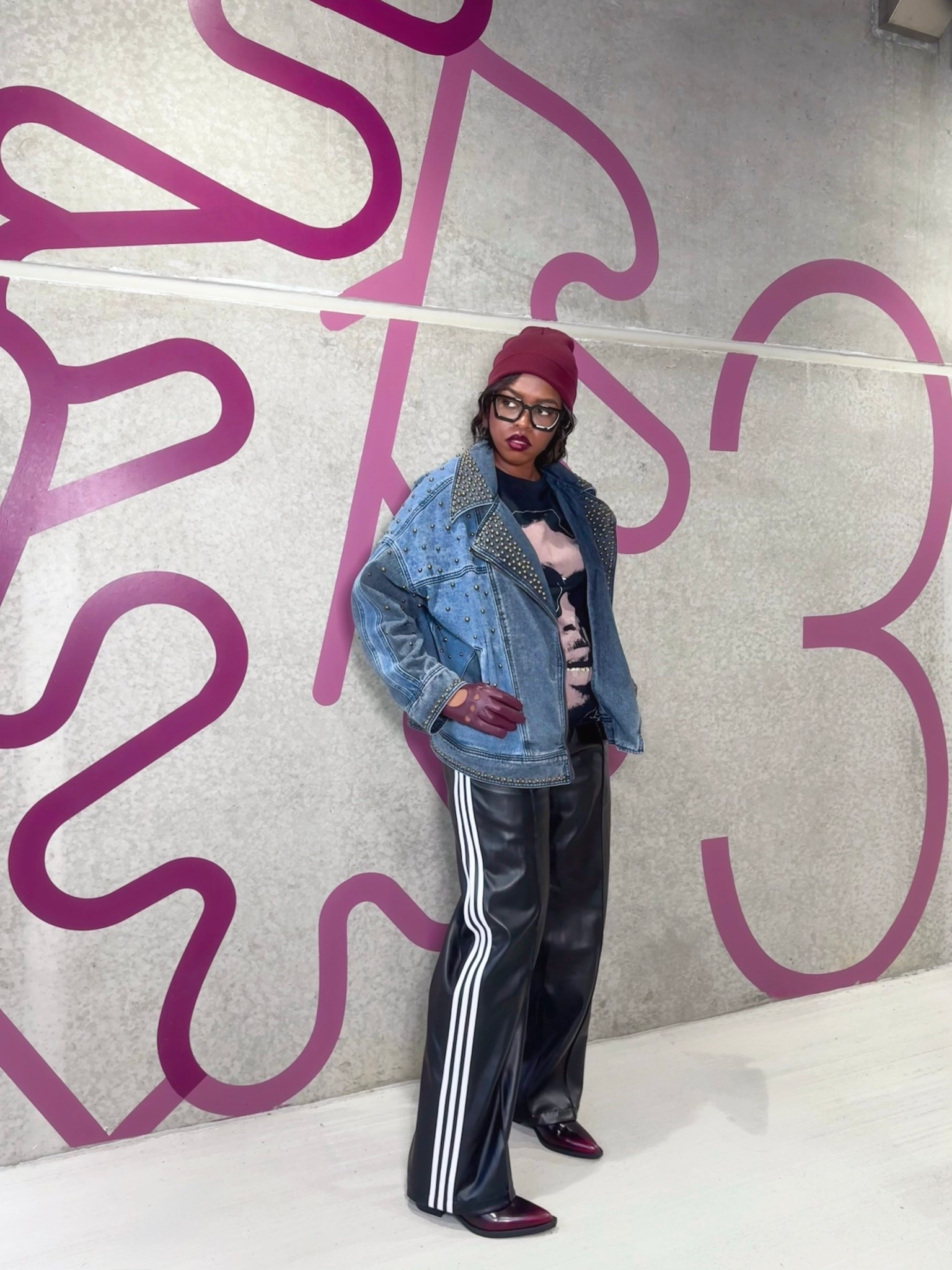 Comfortable Winter outfit. 

Jean jacket, graphic tee, Adidas faux leather track pants, burgundy 

#LTKootd #LTKSeasonal