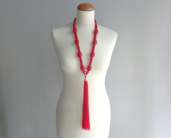 Red tassel Statement necklace longer style colorful necklace | Etsy | Etsy (US)