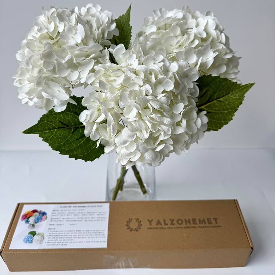 YalzoneMet 3PCS White Hydrangea Artificial Flowers 21inchs Real Touch Faux Hydrangea Flowers for ... | Amazon (US)