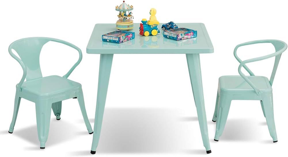 Costzon Kids Table and 2 Chair Set for Indoor/Outdoor Use, Steel Table and Stackable Chairs, Pres... | Amazon (US)