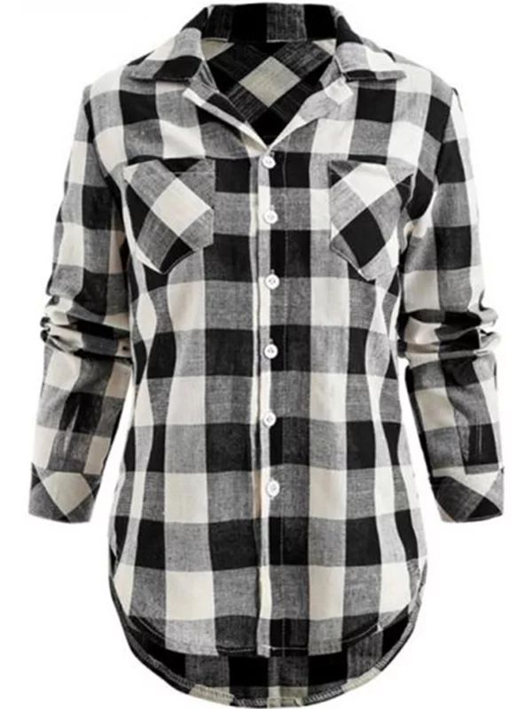 Women Autumn Flannel Plaid Shirt Button Down Collar Tops | Walmart (US)