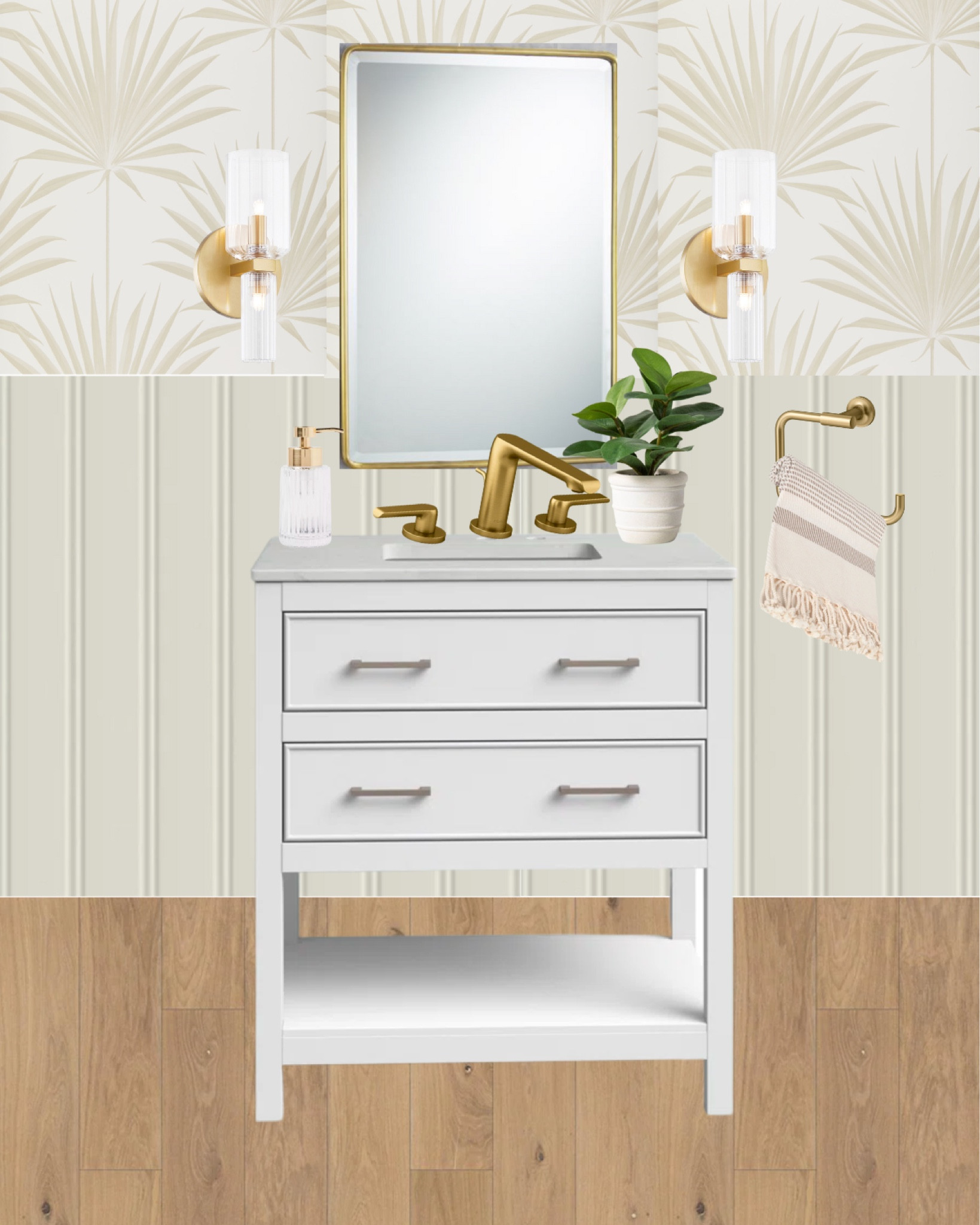 Bathroom mood board. Powder room. Wallpaper. Bathroom vanity. Recessed medicine cabinet. Bathroom mirror. Bathroom sconces. Bathroom faucet. Soap dispenser. Towel holder. Turkish hand towel. Coastal style. Home decor. Home design  

#LTKFind #LTKhome