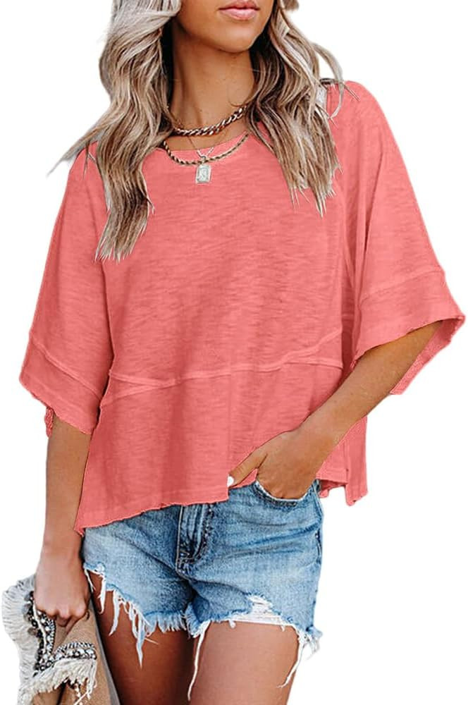 Women's Summer Casual Crewneck Batwing Half Sleeve T-Shirts Solid Color Loose Fit Cute Basic Flow... | Amazon (US)