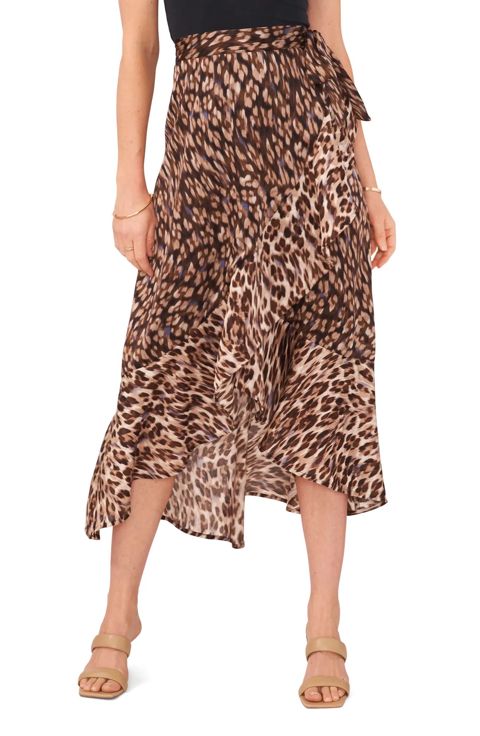 Vince Camuto Leopard Print Ruffle Faux Wrap Midi Skirt | Nordstrom | Nordstrom