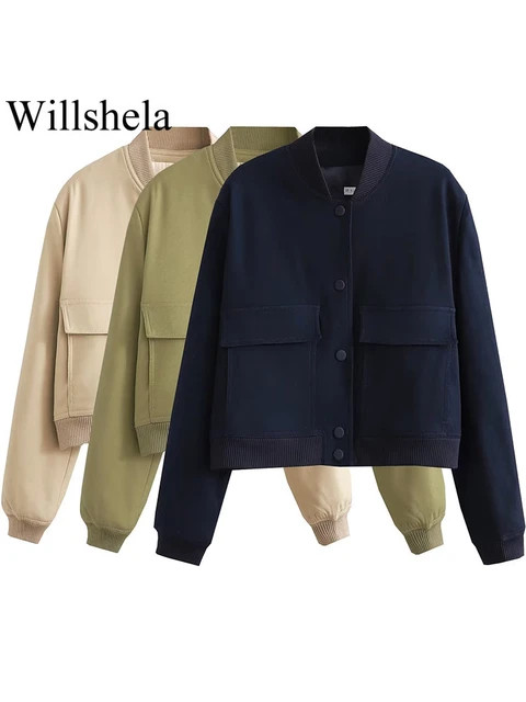 Willshela-Chaqueta Bomber Lisa para mujer, abrigo con bolsillos, cuello en V, manga larga, botona... | Aliexpress EU