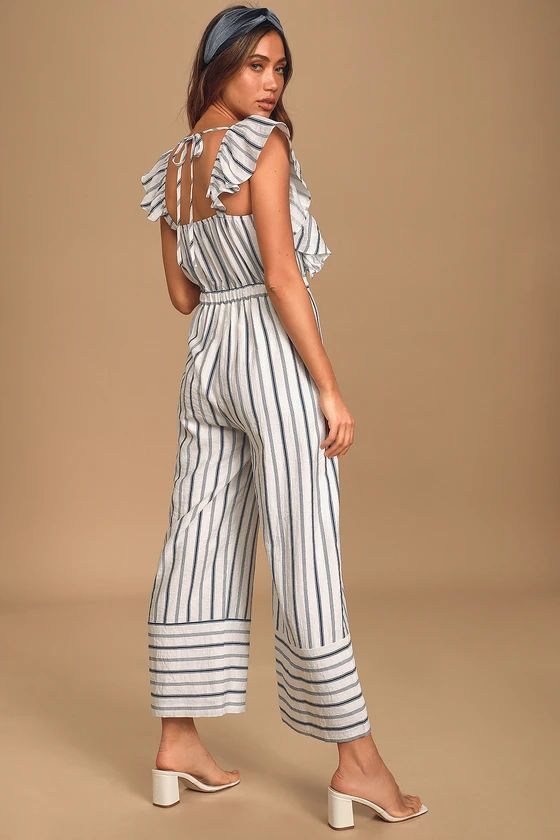 The Rising Tide White Striped Ruffled Wide-Leg Jumpsuit | Lulus (US)