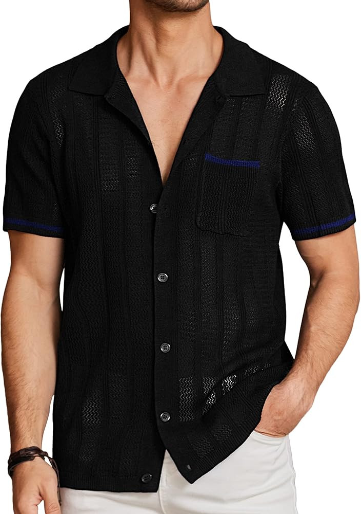 COOFANDY Men's Short Sleeve Knit Shirts Vintage Button Down Polo Shirt Casual Beach Tops | Amazon (US)