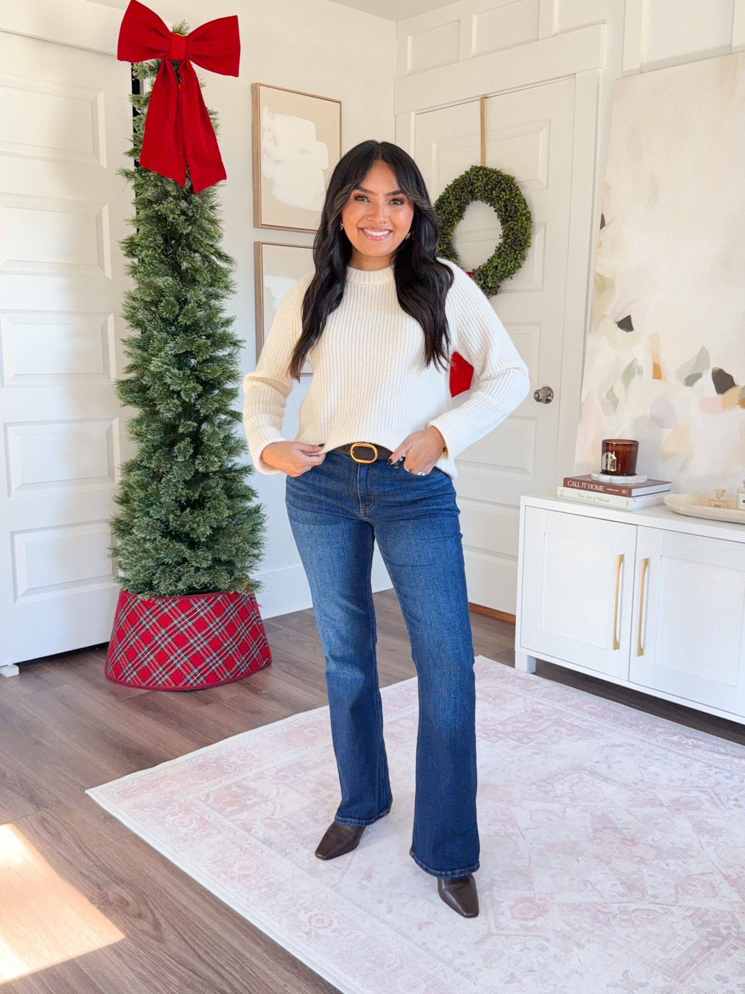 Ivory sweater size xs TTS
Midnight blue flarejeans size 26, 30” inseam TTS
Brown belt size 27-31”
Brown leather boots size 5.5 TTS


#LTKGiftGuide #LTKFindsUnder100 #LTKPetite