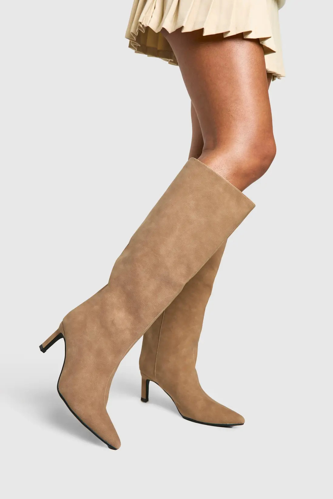 Column Nubuck Low Heel Knee High Boots | Boohoo.com (UK & IE)