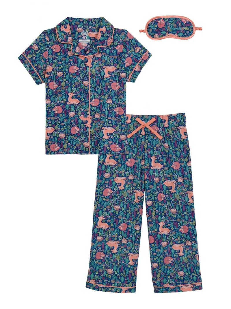 Wonder Nation Girls Button Front Short Sleeve Top & Pant Pajama Set with an Eyemask, 3-Piece, Siz... | Walmart (US)