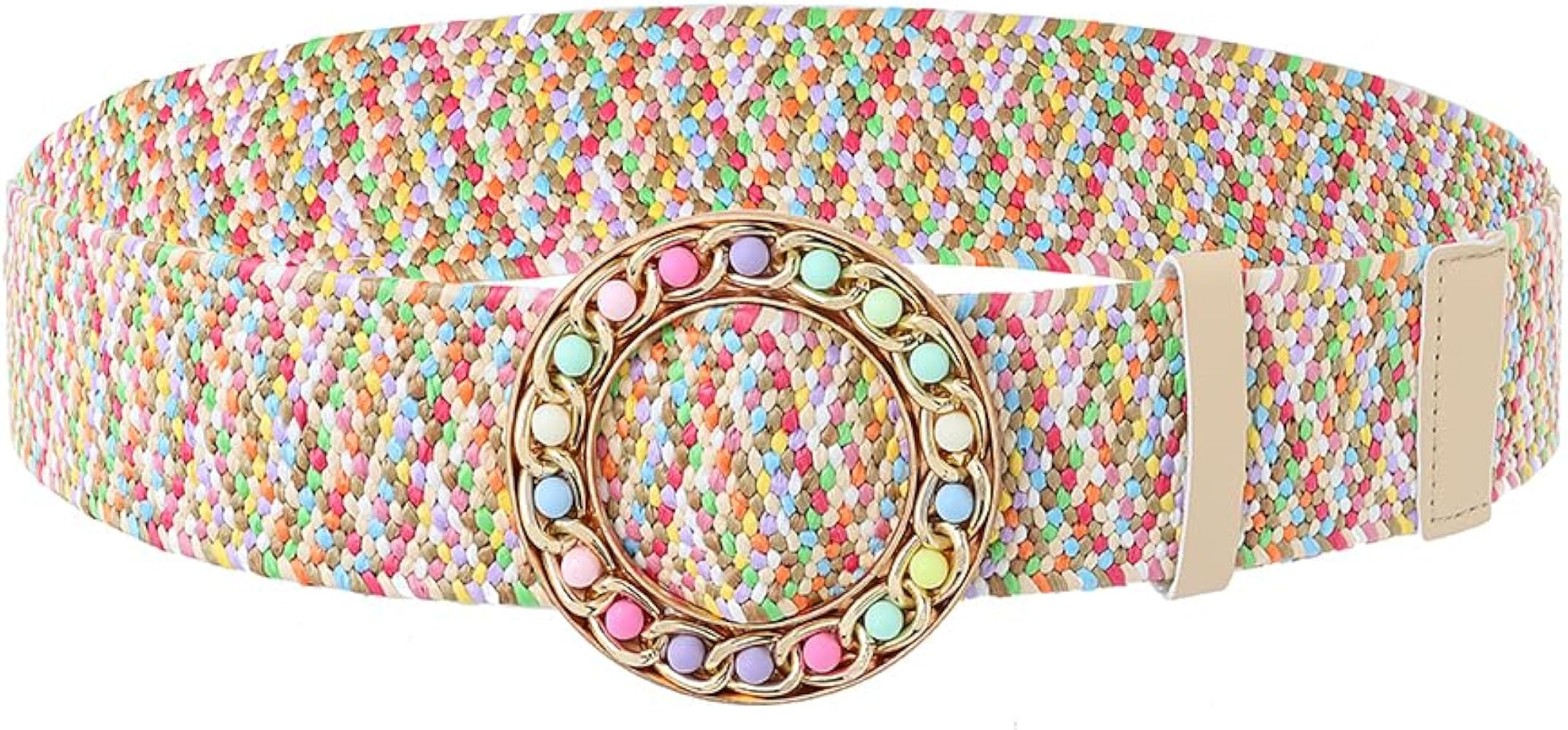 Urieo Elastic Round Buckle Straw Belts Beaded Colorful Stretch Woven Belt Dresses Dress Jeans Pan... | Amazon (US)