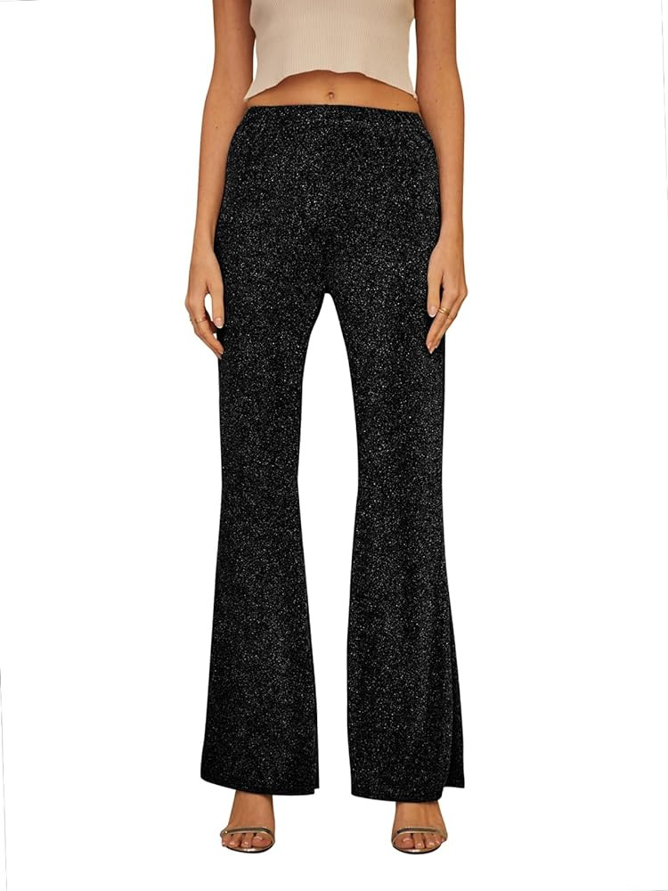 GUOLEZEEV Bell Bottom Pants for Women Elastic Waist Sequin Pants Sparkly Bottoms | Amazon (US)