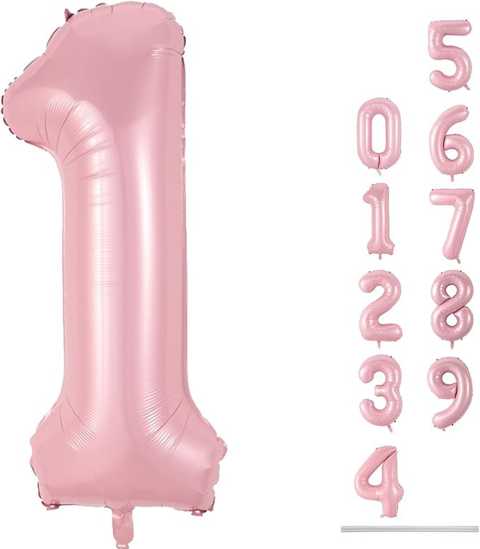 Pastel Pink 1 Balloons, 40 Inch Giant Light Pink Helium Foil Number 0-9 for Girls, Self Inflating... | Amazon (US)