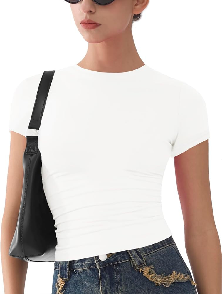 Womens Basic Short Sleeve Slim Fit T Shirts Soft Crewneck Crop Y2k Tees Summer Stretchy Cute Tops | Amazon (US)