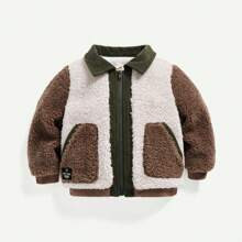 Baby Boy Letter Patched Detail Contrast Collar Teddy Jacket | SHEIN