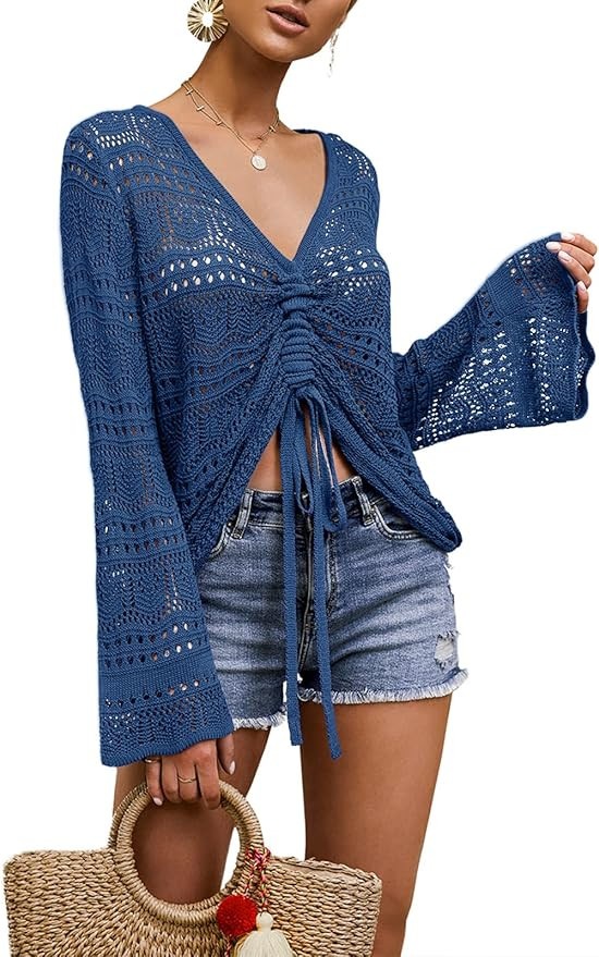 Saodimallsu Womens Boho Off Shoulder Sheer Crop Tops Bell Sleeve Flowy Oversized Crochet Ruched P... | Amazon (US)