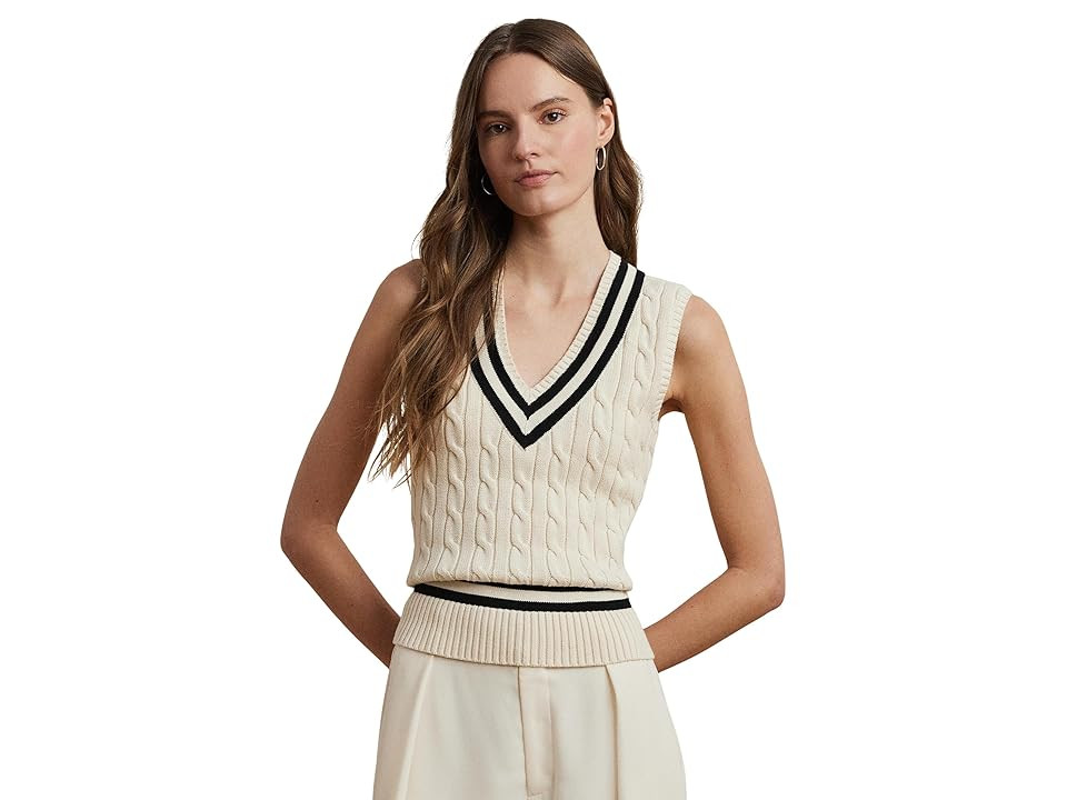 Lauren Ralph Lauren Cable-Knit Cotton Cricket Sweater Vest Women's Sweater Mascarpone Cream/Black : XL | Zappos