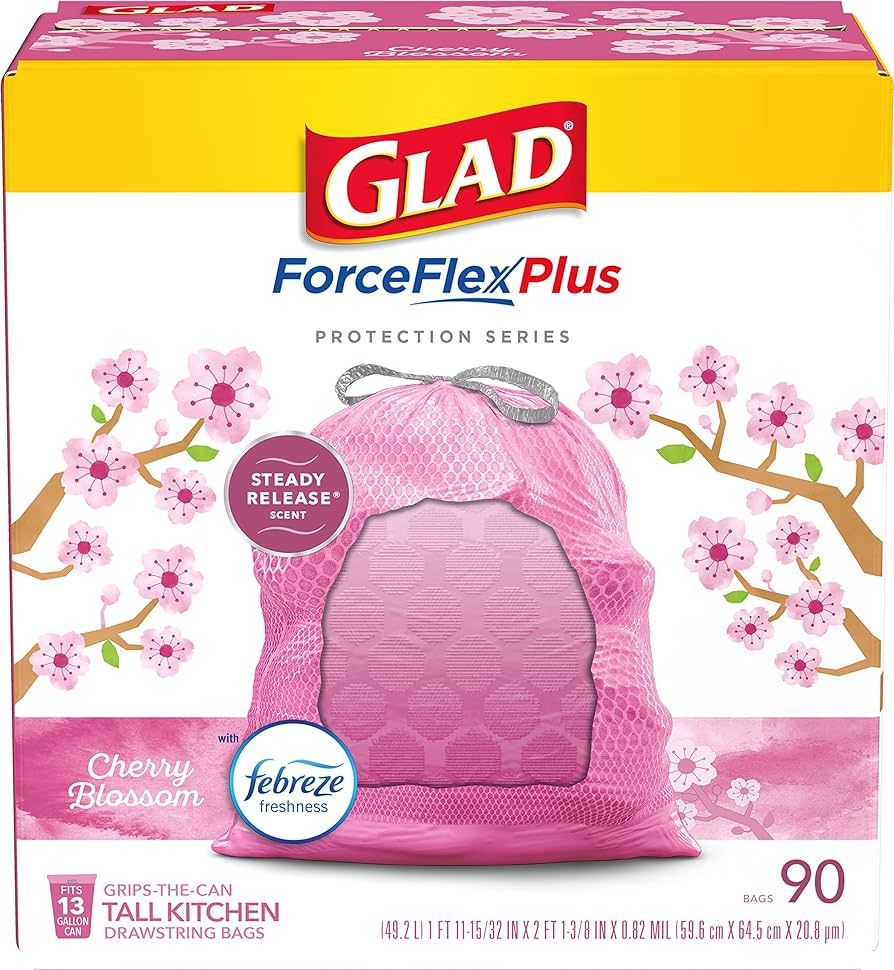 GLAD Protection Series ForceFlex Plus Drawstring Cherry Blossom Odor Shield, Pink, 13 Gallon, 90 ... | Amazon (US)