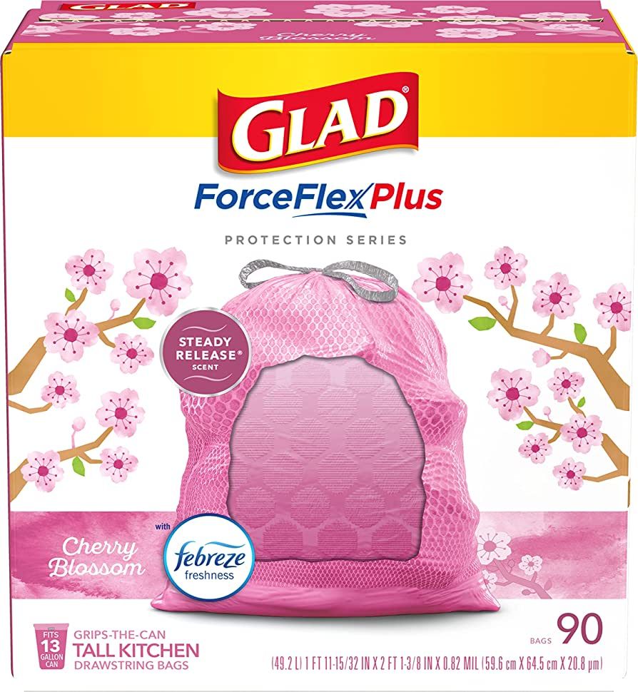 GLAD Protection Series ForceFlex Plus Drawstring Cherry Blossom Odor Shield, Pink, 13 Gallon, 90 ... | Amazon (US)