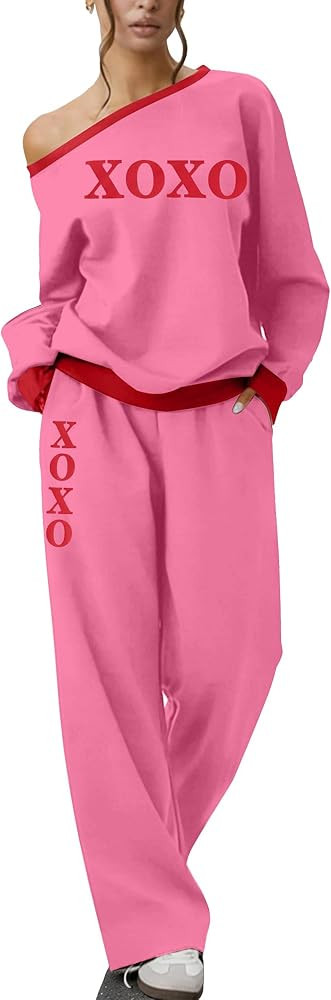 MNLYBABY Valentines 2 Piece Set Women Love Outfit - Heart Sweatshirt Shirts Off Shoulder Sweatshi... | Amazon (US)