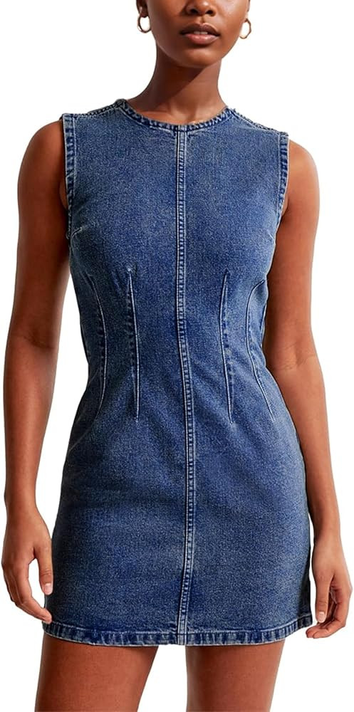 Daacee Women’s Sleeveless Bodycon Denim Mini Dress Casual Waist Tucks Zipper Tank Jean Dresses | Amazon (US)
