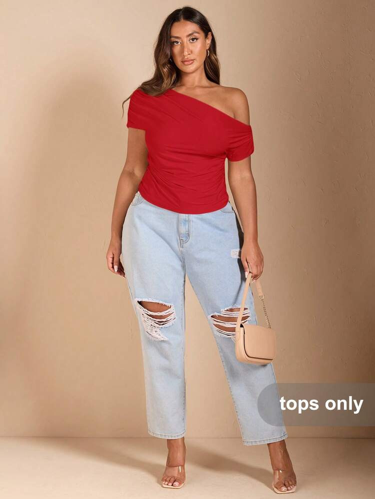 SHEIN BAE Plus Size Women's Solid Color Asymmetrical Neck Batwing Sleeve Casual T-Shirt, Summer | SHEIN