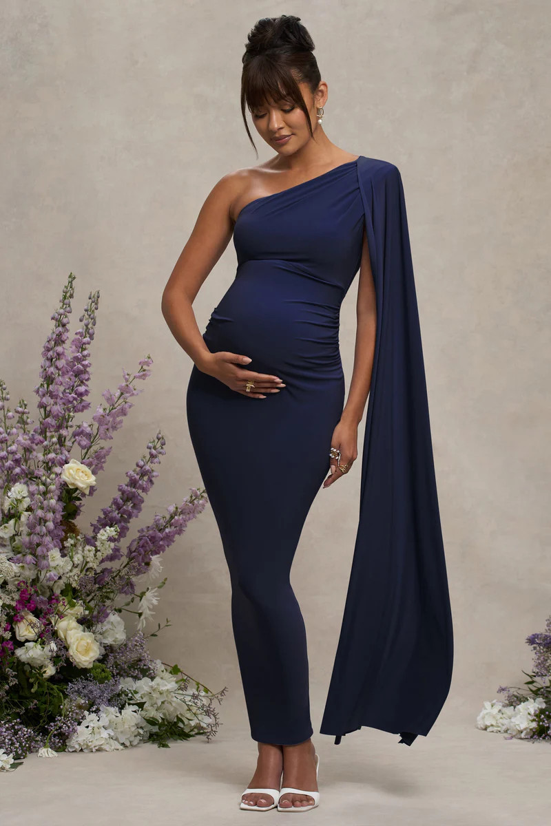 Amaryllis  Navy Maternity One Shoulder Maxi Dress with Cape Sleeve | Club L London