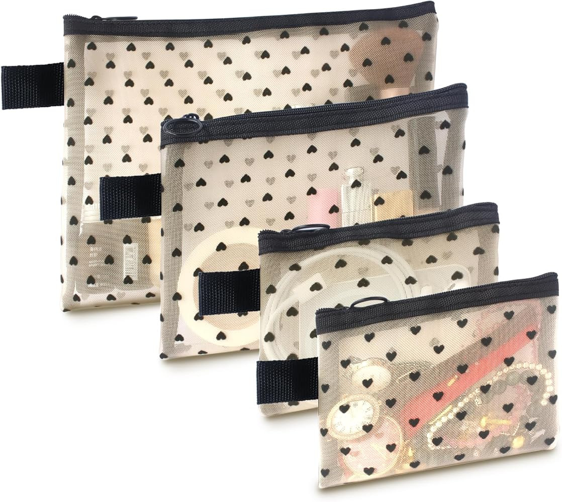 4-Piece Heart Printed Mesh Makeup Bag Set, Portable Travel Mesh Cosmetic Bags Toiletry Bags Makeu... | Amazon (US)