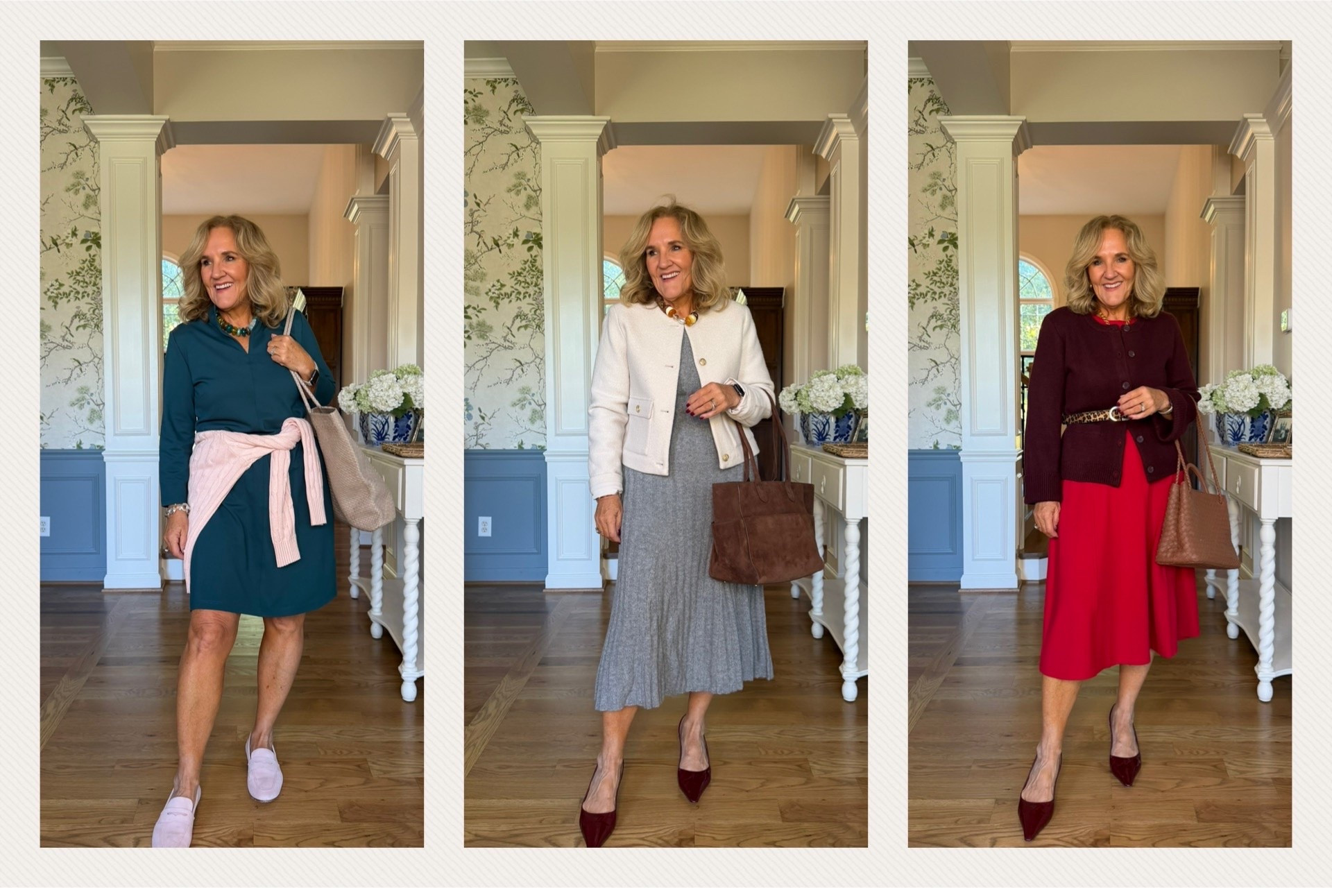 Linking my accessories here too that are not quince. 
Wearing size medium in all 
Tall black leather boots size 10 (I sized up a ½)
Pink suede loafers true to size with socks or size down without, they do stretch
Holiday day, fall dress, winter dress, work outfit, office outfit