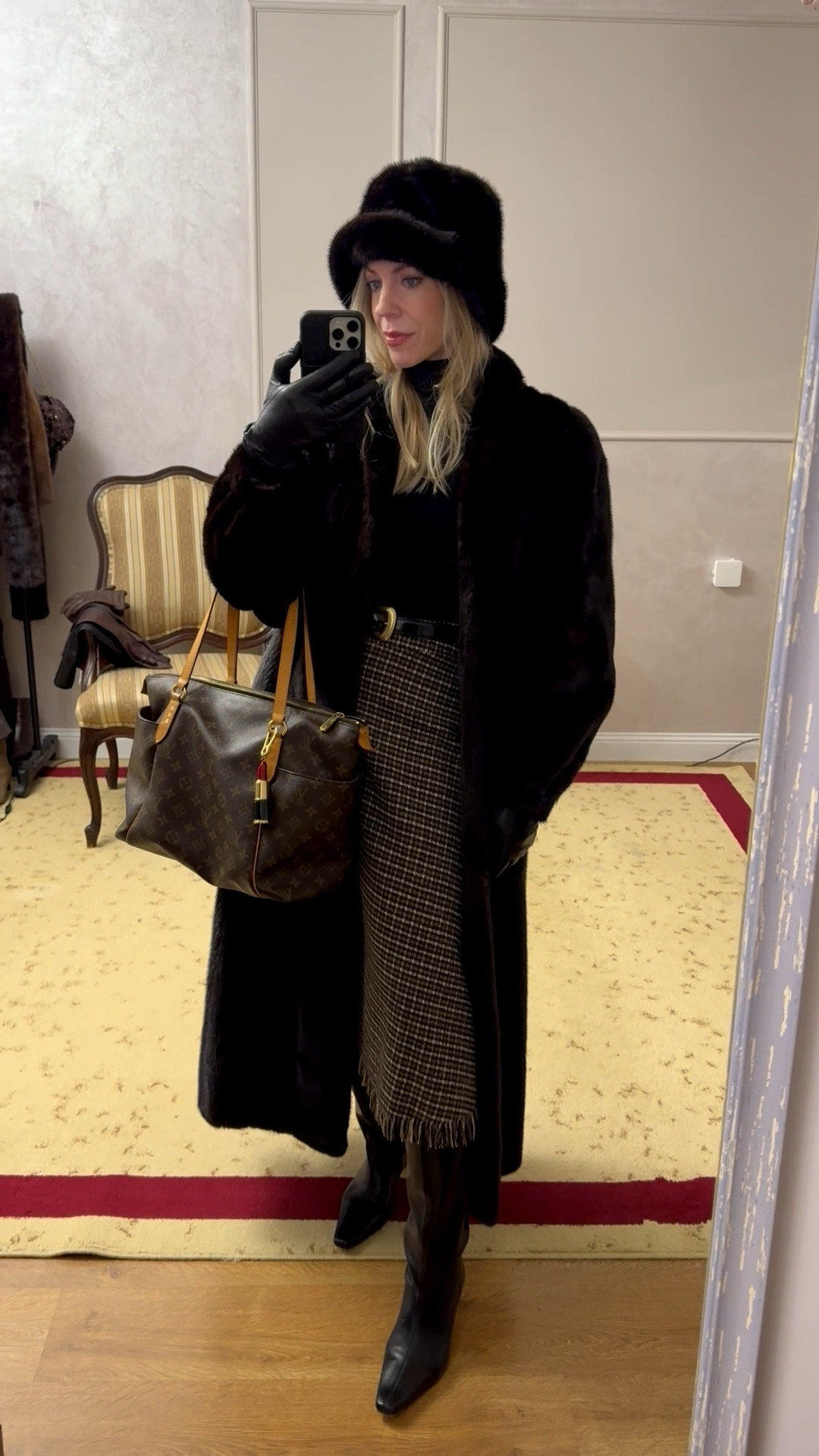 Fur bucket hat, vintage fur coat, workwear outfit, plaid wool skirt, YSL western belt, black leather gloves, Staud Wally boots, Louis Vuitton tote bag, style over 40

#LTKootd #LTKOver40 #LTKWorkwear