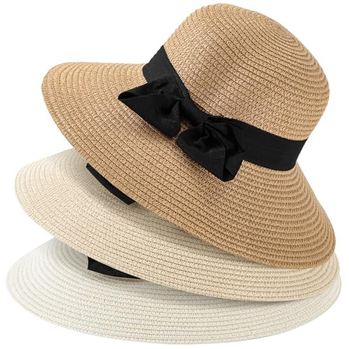 MEINICY 3PCS Womens Beach Sun Hat Wide Brim Summer Straw Hat for Women Foldable Roll up UPF 50+, Ivory & Brown & Beige | Amazon (US)