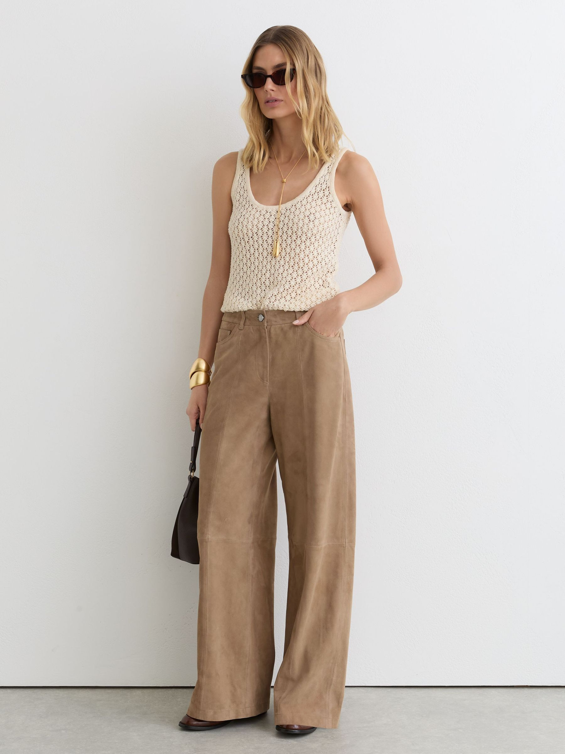 Reiss Suede Wide-Leg Trousers in Sand - REISS | Reiss UK