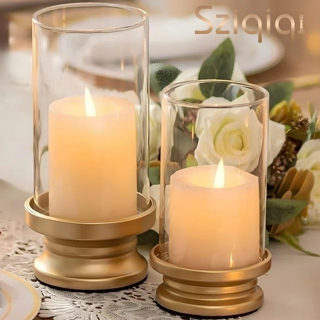 Sziqiqi Gold Hurricane Candle Holder: Set of 2 Candle Holders for Pillar Candles with Clear Glass... | Walmart (US)