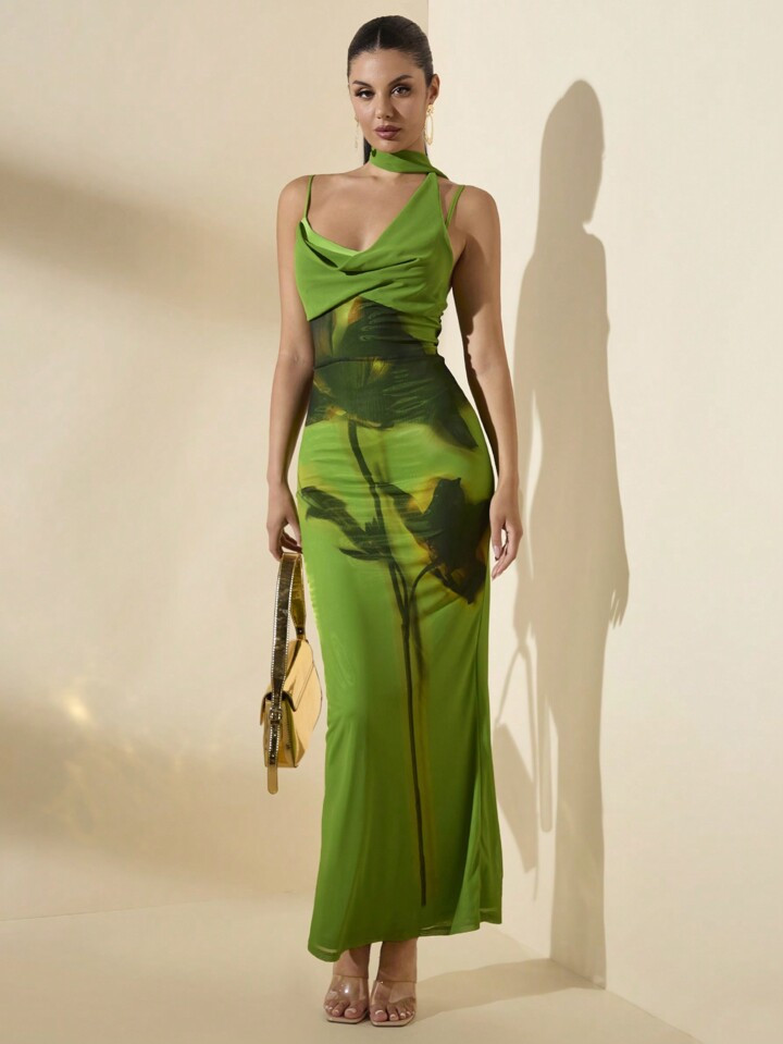 SHEIN BAE Large Floral Print Sleeveless Maxi Beach Dress With Neck Tie, For Women Summer | SHEIN